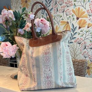 Vintage J. Jill Damask Tote Bag with Brown Leather Trim
